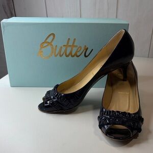 Butter Dandy Navy Blue Patent Leather Peep-Toe Heels Women’s 7 1/2 B
